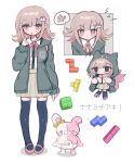  1girl :o black_shirt black_thighhighs blush_stickers brown_skirt chibi danganronpa_(series) danganronpa_2:_goodbye_despair diaper dress_shirt ear_bow frown green_jacket highres hood hood_down hooded_jacket index_finger_raised jacket medium_hair miniskirt monomi_(danganronpa) multiple_views nanami_chiaki neck_ribbon open_clothes open_jacket pink_eyes pink_footwear pink_hair pink_ribbon pleated_skirt ribbon shirt shirt_tucked_in shoes skirt spaceship_hair_ornament speech_bubble tetris thigh-highs translation_request u_u_(16557) white_shirt 