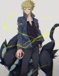 1boy black_shirt blonde_hair blue_eyes blue_jacket chain electricity grey_background holding holding_poke_ball luxray male_focus open_clothes open_jacket pants pokemon pokemon_(game) pokemon_dppt spiky_hair volkner_(pokemon)