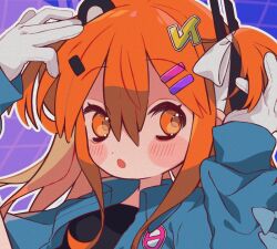  1girl a.i._voice adachi_rei alternate_hairstyle blue_coat coat cropped gloves hair_between_eyes hair_ornament hair_ribbon hairclip hands_in_own_hair long_sleeves looking_at_viewer mochi_(na_si) open_clothes open_coat orange_eyes orange_hair outline panties portrait ribbon solo two_side_up underwear utau white_gloves white_outline white_ribbon 