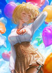  1girl absurdres arm_at_side arm_behind_head artofkuzu balloon blonde_hair blush bob_cut breasts closed_eyes collared_shirt cowboy_shot from_below grin hair_ornament highres hololive hololive_english holster large_breasts long_sleeves magnifying_glass medium_hair necktie shirt shirt_tucked_in skirt smile solo thigh_holster thigh_strap virtual_youtuber watson_amelia watson_amelia_(1st_costume) white_shirt 