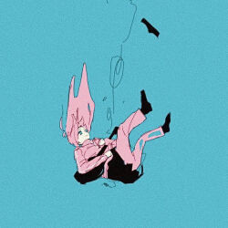  1girl black_skirt black_socks blue_background bocchi_the_rock! cable commentary_request film_grain gotoh_hitori guitar instrument jacket long_hair mitsubachi_(roundbee) one_side_up open_mouth pants pants_under_skirt pink_hair pink_jacket pink_pants skirt socks solo 