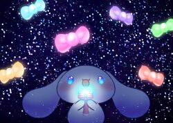  :3 :d animal_focus blue_eyes blush bow cinnamoroll commentary creature dog fuwa_fuwa_cinnamoroll glowing happy heart highres holding holding_wand no_humans open_mouth pixiv_29380466 sanrio smile solo sparkle symbol-only_commentary wand white_dog 