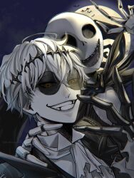  2boys bat_(animal) black_crown crown ebino_karaage formal graveyard halloween highres jack_skellington jacket long_sleeves male_focus moon multiple_boys night night_sky open_mouth orange_eyes pinstripe_pattern pinstripe_suit round_eyewear short_hair skeleton skeleton_print sky smile stitches striped_clothes striped_jacket suit sunglasses the_nightmare_before_christmas twisted_wonderland white_hair 