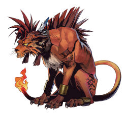  animal_ear_piercing bangle bracelet claws collar creature_focus earrings feather_hair_ornament feathers final_fantasy final_fantasy_vii final_fantasy_vii_ever_crisis flame-tipped_tail fujise_lisa full_body hair_ornament hoop_earrings jewelry looking_to_the_side mohawk no_humans official_art red_fur red_xiii redhead serious shoulder_tattoo simple_background sitting solo tattoo third-party_source tribal_tattoo whiskers white_background yellow_eyes 