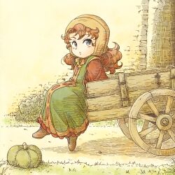  1girl 4ma4ma5ma blue_eyes bonnet brown_footwear closed_mouth commentary_request curly_hair dragon_quest dragon_quest_vii dress grass hatching_(texture) long_hair looking_to_the_side maribel_(dq7) orange_hair parted_bangs pumpkin sitting solo wagon yellow_bonnet 