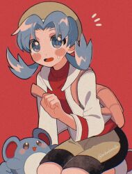  1girl animal_ears backpack bag blue_eyes blue_hair blush blush_stickers clenched_hand film_grain hand_up hat highres jacket kris_(pokemon) long_hair long_sleeves marill mikakami1e notice_lines open_clothes open_jacket open_mouth pink_bag pokemon pokemon_(creature) pokemon_gsc red_background red_shirt seiza shirt shorts sitting sweatdrop twintails twitter_username white_jacket yellow_shorts 