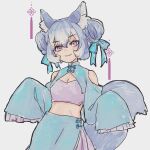  1girl animal_ear_fluff animal_ears blue_hair china_dress chinese_clothes dire_wolf_(kemono_friends) dress extra_ears grey_background highres kemono_friends kemono_friends_v_project long_hair looking_at_viewer pom384347 ribbon simple_background solo tail twintails violet_eyes virtual_youtuber wolf_ears wolf_girl wolf_tail 