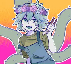  1boy basil_(headspace)_(omori) basil_(omori) blue_overalls blush colored_tongue drooling flower gardening_shears green_eyes green_hair green_shirt green_tongue hashtag-only_commentary head_wreath highres looking_at_viewer mo42144 mouth_drool omori open_mouth overalls plant shirt short_hair short_sleeves smile solo t-shirt teeth thorns upper_body upper_teeth_only vines 