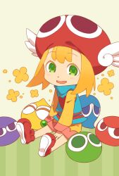  15daifuku820 1girl aged_down amitie_(puyopuyo) arm_at_side between_legs blonde_hair blue_shirt child double-parted_bangs flower_(symbol) full_body green_background green_eyes hand_between_legs hands_on_floor happy hat heart heart_print highres light_smile long_sleeves looking_at_viewer mini_amitie official_alternate_costume on_floor parted_lips pink_shorts print_shirt puyo_(puyopuyo) puyopuyo puyopuyo_7 red_footwear red_hat shirt shoe_soles shorts sidelocks simple_background sitting solo three_quarter_view two-tone_background two-tone_shorts winged_hat yellow_background yellow_shorts yellow_sleeves 