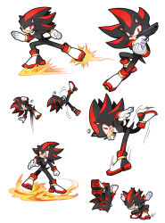  1boy animal_ears animal_nose clenched_teeth commentary_request furry furry_male gloves gun handgun hedgehog_boy highres holding holding_gun holding_weapon korean_commentary looking_at_viewer male_focus multiple_views open_mouth red_eyes shadow_the_hedgehog shoes simple_background skating sloth_g_ya sonic_(series) squatting tail teeth weapon white_background white_gloves 