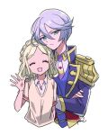  2girls :d ^_^ blonde_hair blue_jacket braid closed_eyes closed_mouth collared_shirt cropped_torso crown_braid epaulettes facing_viewer green_eyes grey_hair hair_between_eyes hand_up jacket leaning_on_person long_hair long_sleeves looking_at_viewer midorikaze_fuwari multiple_girls necktie open_mouth paprika_private_academy_school_uniform pretty_(series) pripara reverse_trap rituyama1 school_uniform shikyouin_hibiki shirt short_hair short_sleeves signature simple_background smile upper_body vest white_background white_shirt yellow_vest 
