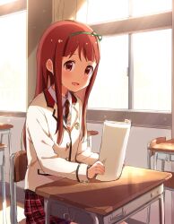  1girl blush breasts brown_hair buchi_(y0u0ri_) chair classroom desk dot_nose emblem green_hairband hairband highres holding holding_paper idolmaster idolmaster_million_live! idolmaster_million_live!_theater_days indoors jacket long_hair long_sleeves looking_at_viewer medium_breasts necktie on_chair open_mouth paper plaid_clothes plaid_skirt pleated_skirt red_eyes red_skirt school_chair school_desk school_uniform shirt sidelocks sitting skirt smile solo striped_necktie sunlight tanaka_kotoha two-tone_necktie white_jacket white_shirt window 