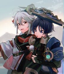  2boys armor black_hair commentary_request crossed_bangs day genshin_impact grey_hair hair_between_eyes hat highres japanese_armor japanese_clothes jingasa kaedehara_kazuha kote kurokote male_focus mountain multicolored_hair multiple_boys open_mouth oshi_taberu outdoors ponytail red_eyes redhead scaramouche_(genshin_impact) sky streaked_hair tassel violet_eyes vision_(genshin_impact) wanderer_(genshin_impact) 