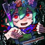  1boy basil_(headspace)_(omori) basil_(omori) blue_overalls crying crying_with_eyes_open green_hair green_shirt head_wreath highres knife looking_at_viewer lower_teeth_only male_focus omori open_mouth overalls red_eyes shirt short_hair something_(omori) spoilers tears teeth tongue uminosoko44 upper_body 