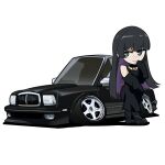  1girl absurdres black_footwear black_hair bocchi_the_rock! boots car colored_inner_hair detached_sleeves english_commentary grey_eyes hair_behind_ear highres holeecrab long_hair looking_to_the_side motor_vehicle multicolored_hair pa-san purple_hair shadow simple_background sleeves_past_fingers sleeves_past_wrists smile solo stance_(vehicle) vehicle_focus vehicle_request very_long_hair white_background 