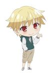  1boy blonde_hair blush boots brown_pants chibi child_gilgamesh_(fate) closed_mouth commentary_request denim fate/kaleid_liner_prisma_illya fate_(series) full_body gilgamesh_(fate) green_jacket hair_between_eyes jacket jeans long_sleeves looking_at_viewer male_focus multicolored_footwear pants red_eyes shirt shoes short_hair simple_background solo standing straight_hair suit white_background white_shirt 