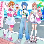 +_+ 3girls :d apron bag belt blue_pants blue_skirt bright_pupils brown_hair carrying casual cherry clothing_cutout clouds cloudy_sky commentary cropped_shirt cut_bangs day denim drinking_straw fanny_pack food frilled_apron frills fruit green_eyes gym_shorts gym_uniform hair_bun hair_ribbon handbag highres hirogaru_sky!_precure holding holding_food holding_hands horizon ice_cream ice_cream_cone jacket jeans kururun_(precure) long_hair long_sleeves looking_at_another loose_socks maid_apron maid_headdress medium_hair midriff miniskirt monster_rally multiple_girls natsuumi_manatsu navel nijigaoka_mashiro ocean open_clothes open_jacket open_mouth palm_tree pants pink_belt pink_footwear pink_hair pink_jacket pink_shorts pleated_skirt precure ribbon road series_connection shoes shorts shoulder_cutout side_ponytail single_hair_bun skirt sky smile sneakers socks sora_harewataru standing standing_on_one_leg strawberry sundae track_jacket translated tree tropical-rouge!_precure turtleneck waitress white_footwear white_pupils white_socks yellow_ribbon