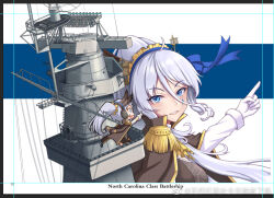  blue_eyes buxiuhongxingshe_jintiantuopinlema cape english_text epaulettes facial_tattoo gloves long_hair looking_at_viewer machinery1girl military military_uniform military_vehicle mini_person minigirl pointing ponytail ribbon rigging ship smile solo tattoo turret warship warship_girls_r washington_(warship_girls_r) watercraft weibo_logo weibo_watermark white_gloves white_hair 