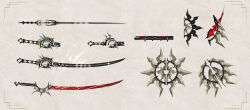 absurdres cyyyyy highres multiple_views no_humans official_art punishing:_gray_raven reference_sheet simple_background sword weapon weapon_focus weibo_logo weibo_watermark yellow_background 