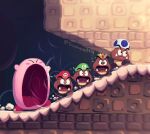 artist_name blue_toad_(mario) blush blush_stickers closed_eyes closed_mouth crown fangs flying_sweatdrops goomba green_headwear hat highres inhaling kirby kirby_(series) luigi mario no_humans open_mouth princess_peach red_headwear running scared shade super_mario_bros. suyasuyabi toad_(mario) twitter_username v-shaped_eyebrows wide-eyed 