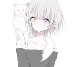 1girl :&lt; animal_on_shoulder bare_shoulders blue_eyes cat cat_on_shoulder check_copyright collarbone copyright_request grey_hair heterochromia highres looking_to_the_side off-shoulder_shirt off_shoulder original red_eyes shirt short_hair simple_background solo upper_body white_background white_cat yuyuyuyhz 