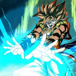  1boy aura biceps big_bang_kamehameha black_vest blue_eyes blue_sash body_fur cropped_vest dougi dragon_ball dragon_ball_gt full_body gogeta kamehameha_(dragon_ball) kazumax76 male_focus metamoran_vest monkey_boy monkey_tail muscular muscular_male no_nipples pants saiyan sash sleeveless solo spiky_hair super_saiyan super_saiyan_4 tail vest white_pants 