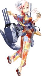  1girl adapted_turret blonde_hair breasts feet floral_print full_body geta headgear japanese_clothes kantai_collection kimono large_breasts looking_at_viewer machinery massachusetts_(kancolle) massachusetts_(yukata_mode)_(kancolle) multicolored_hair multiple_girls official_alternate_costume official_alternate_hairstyle official_art one_eye_closed red_eyes red_kimono redhead sandals smile solo streaked_hair toenails toes transparent_background turret yukata zeco 