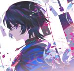 1boy black_hair closed_mouth from_side genshin_impact hair_between_eyes highres japanese_clothes lyodi male_focus mandarin_collar multicolored_hair petals profile purple_hair scaramouche_(genshin_impact) simple_background solo upper_body violet_eyes wanderer_(genshin_impact) white_background wind_chime 