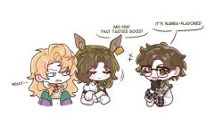  1boy 2girls ;d animal_ears bare_shoulders black_gloves blonde_hair blonney brown_eyes brown_hair checkered_necktie chibi closed_eyes cropped_torso crossed_arms deer_ears deer_girl ear_tag earrings english_text freckles glasses gloves grey_sports_bra grey_vest haihaiera hand_on_own_chin horropedia jacket jessica_(reverse:1999) jewelry long_hair looking_at_another multiple_girls navel necktie one_eye_closed open_mouth purple_jacket reverse:1999 shirt smile speech_bubble sports_bra stroking_own_chin upper_body vest white_background white_shirt 