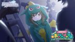  1girl blush copyright dinosaur_costume green_eyes green_hair highres hood hood_up idolmaster idolmaster_shiny_colors logo looking_ahead nanakusa_nichika official_alternate_costume official_art sidelocks solo_focus sweatdrop wings zipper_pull_tab 