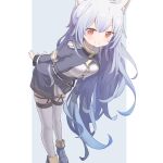  1girl animal_ears arm_behind_back blue_background cat_ears double-parted_bangs henzer high_collar highres long_hair military_uniform original red_eyes solo thigh-highs uniform white_thighhighs 