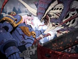  1girl absurdres adeptus_astartes armor black_tiara chainsword highres hololive hololive_english jaehyeon_lee mori_calliope pink_eyes pink_hair power_armor space_marine tiara tyranid tyranid_warrior ultramarines veil virtual_youtuber warhammer_40k warhammer_40k:_space_marine winged_skull 