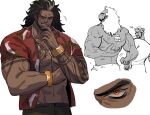  2boys animal_print baptiste_(overwatch) beard bird_print brk_603 cropped_legs dark-skinned_male dark_skin doodle_inset dreadlocks eye_focus facial_hair frown grin huge_pectorals jewelry long_hair looking_at_viewer male_focus mature_male mauga_(overwatch) multiple_boys muscular muscular_male necklace nipples open_clothes open_shirt overwatch overwatch_1 seductive_smile size_difference smile sticker teasing thick_eyebrows tooth_necklace 