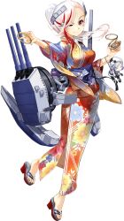  2girls adapted_turret blonde_hair breasts character_doll floral_print full_body geta headgear japanese_clothes jean_bart_(kancolle) kantai_collection kimono large_breasts looking_at_viewer machinery massachusetts_(kancolle) massachusetts_(yukata_mode)_(kancolle) multicolored_hair multiple_girls official_alternate_costume official_alternate_hairstyle official_art one_eye_closed red_eyes red_kimono redhead smile solo streaked_hair transparent_background turret yukata zeco 