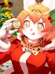  +_+ 1girl animal_ears blonde_hair blush bow bowtie cat_ears cat_girl christmas christmas_tree extra_ears food gloves hair_ornament highres kemono_friends macaron saba_ru santa_costume serval_(kemono_friends) short_hair solo tongue yellow_eyes 