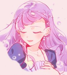  1girl bangs_blown_up blunt_bangs bubble_rise_(love_live!) closed_eyes collarbone commentary dress highres juliet_sleeves koiori long_hair long_sleeves love_live! love_live!_superstar!! official_alternate_costume open_mouth puffy_sleeves purple_dress purple_hair simple_background smile solo u_u upper_body white_background wien_margarete 