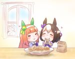  3girls agnes_digital_(umamusume) animal_ears bag black_hair blunt_bangs blush bow braid brown_hair chibi chokueji doughnut ear_bow ear_covers eating food hair_ornament hairband headpat heart highres hime_cut horse_ears horse_girl multicolored_hair multiple_girls open_mouth orange_hair paper_bag plate purple_bow purple_shirt sailor_collar sailor_shirt school_uniform shirt short_sleeves silence_suzuka_(umamusume) smile special_week_(umamusume) tracen_school_uniform two-tone_hair umamusume upper_body white_hair white_hairband window 