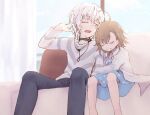  1boy 1girl accelerator_(toaru_majutsu_no_index) age_difference ahoge albino androgynous arm_hug black_choker black_pants blue_dress blurry blurry_background brown_hair child choker closed_eyes couch cowboy_shot dappled_sunlight diagonal-striped_shirt diagonal_stripes dress electrodes indoors inuinuiina jacket last_order_(toaru_majutsu_no_index) long_sleeves on_couch one_eye_closed pale_skin pants polka_dot polka_dot_dress red_eyes sanpaku shirt short_hair smile striped striped_shirt sunlight toaru_majutsu_no_index white_hair white_jacket window yawning 