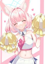  1girl aki_tsune animal_ears blue_archive blush breasts cheering cheerleader closed_eyes criss-cross_halter fox_ears fox_girl halo halterneck heart highres holding holding_pom_poms millennium_cheerleader_outfit_(blue_archive) navel niko_(blue_archive) open_mouth pink_hair pleated_skirt pom_pom_(cheerleading) short_hair simple_background skirt small_breasts smile solo sports_bra standing star_(symbol) white_skirt 