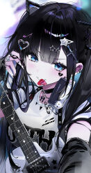 1girl absurdres animal_ears black_choker black_hair black_nails blunt_bangs blush breasts broken_heart cat_ears cat_girl choker cross_hair_ornament electric_guitar eumi_114 facial_mark fake_animal_ears guitar hair_ornament headphones headphones_around_neck heart heart_hair_ornament highres instrument jewelry long_hair looking_at_viewer medium_breasts mouth_hold musical_note musical_note_hair_ornament nail_polish original plectrum plectrum_in_mouth ring shirt short_sleeves star_(symbol) twintails upper_body v-shaped_eyebrows white_shirt white_t-shirt