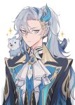  1boy alternate_hairstyle animal animal_ears animal_nose ascot black_eyes black_jacket blue_eyeshadow blue_fur blue_gemstone blue_hair blue_vest buttons closed_mouth cloudydango collared_jacket eyeshadow feather_hair_ornament feathers gem genshin_impact gold_trim grey_hair hair_between_eyes hair_ornament highres jacket leisurely_otter_(genshin_impact) long_hair long_sleeves looking_at_viewer makeup mandarin_collar multicolored_hair neuvillette_(genshin_impact) open_clothes open_jacket otter otter_ears otter_tail pointy_ears ponytail shirt simple_background smile standing star_(symbol) tail two-tone_fur two-tone_hair v-shaped_eyebrows vest violet_eyes white_ascot white_background white_shirt wing_collar 