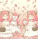  5girls absurdres animal anya_(spy_x_family) basket cat closed_eyes dress endou_tatsuya falling_petals flower hair_flower hair_ornament highres holding holding_animal holding_basket holding_cat multiple_girls multiple_persona petals pink_hair spy_x_family throwing throwing_petals white_dress 