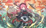 1girl animal_ears apron architecture black_bow black_dress black_pantyhose blunt_bangs bow cat_ears cat_girl dragon dress east_asian_architecture henzer holding holding_weapon long_hair long_sleeves original pantyhose red_eyes redhead solo weapon