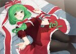  1girl black_pantyhose bow dress frilled_dress frilled_ribbon frills from_above front_ponytail green_eyes green_hair hair_bow hair_ribbon indoors kagiyama_hina kanpa_(campagne_9) long_ribbon looking_at_viewer lying on_bed open_mouth pantyhose puffy_short_sleeves puffy_sleeves red_dress red_ribbon ribbon short_sleeves smile solo touhou 