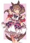  animal_ears bespin brown_hair copyright_request dress hair_ornament highres horse_ears horse_girl horse_tail pink_background short_sleeves smart_falcon_(umamusume) tail twintails umamusume white_dress 
