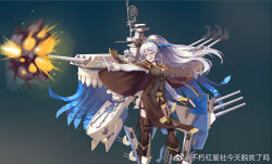  1girl 2girls blue_eyes blue_ribbon boots breasts buxiuhongxingshe_jintiantuopinlema cannon cape chibi epaulettes facial_tattoo firing full_body garter_straps gloves hair_between_eyes hair_ribbon hairband high_ponytail holding long_hair machinery military military_uniform mini_person minigirl multiple_girls open_mouth ponytail ribbon rigging smile solo standing sword tattoo thigh-highs turret warship_girls_r washington_(warship_girls_r) weapon weibo_logo weibo_watermark white_gloves white_hair 