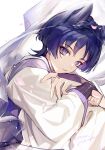  1boy animal_ears bishounen cat_boy cat_ears gauntlets genshin_impact highres japanese_clothes kimono looking_at_viewer male_focus purple_hair rokuon scaramouche_(genshin_impact) short_hair simple_background solo violet_eyes white_background 