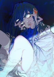  1girl blue_hair colored_eyelashes hand_on_own_face jacket long_hair long_sleeves looking_at_viewer messy_hair original rolua sitting solo white_eyes 