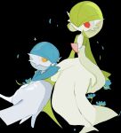  2girls alternate_color black_background blue_flower blue_hair blue_skin bob_cut colored_skin commentary flat_chest flower full_body gardevoir green_hair green_skin hair_over_one_eye hand_up highres looking_at_another looking_down multicolored_skin multiple_girls no_mouth one_eye_covered orange_eyes petals pokemon pokemon_(creature) red_eyes shiny_and_normal shiny_pokemon short_hair simple_background sitting two-tone_skin white_skin zen_(koko) 