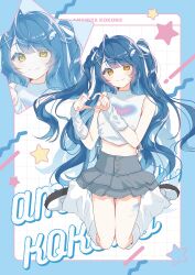  1girl 4-finger_heart_hands absurdres ahoge alternate_costume amamiya_kokoro amaou_(rin_0107) arm_warmers blue_hair bow character_name feet_up footwear_bow grey_skirt hair_intakes hair_ornament hair_ribbon hairpin heart heart_hands high-waist_skirt highres leg_warmers long_hair looking_at_viewer midriff miniskirt multiple_hairpins nijisanji ribbon shirt side-tie_shirt skirt sleeveless sleeveless_turtleneck smile solo star_(symbol) turtleneck two_side_up virtual_youtuber wavy_hair white_footwear white_ribbon white_shirt yellow_eyes zoom_layer 